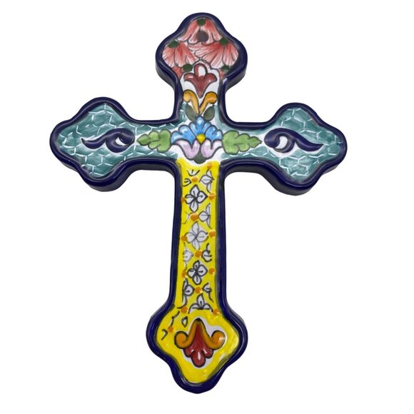 Ceramic hand made hanging cross ornaments hand painted Mexican pottery - Picture 2 of 11
